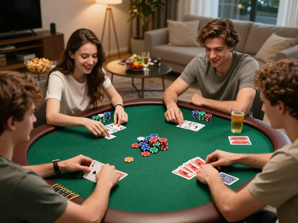 Friends enjoying poker night while playing YO88 in a cozy home setup, highlighting a lively gaming atmosphere.