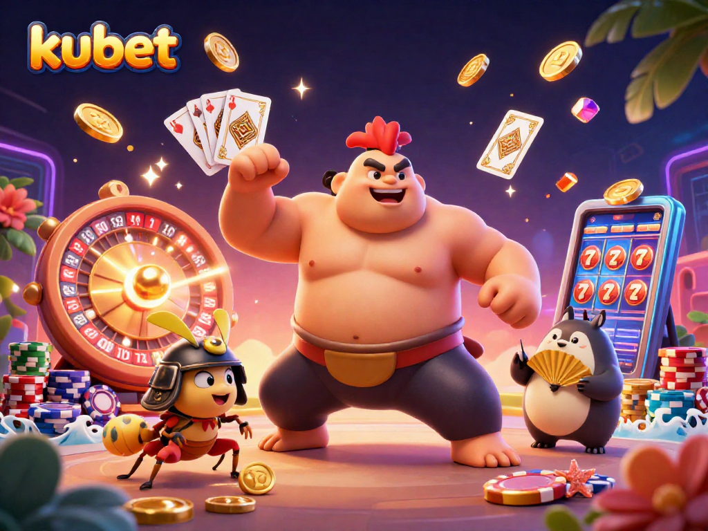Engage with kubet's thrilling casino action featuring a dynamic scene with a sumo rooster and fierce cricket.