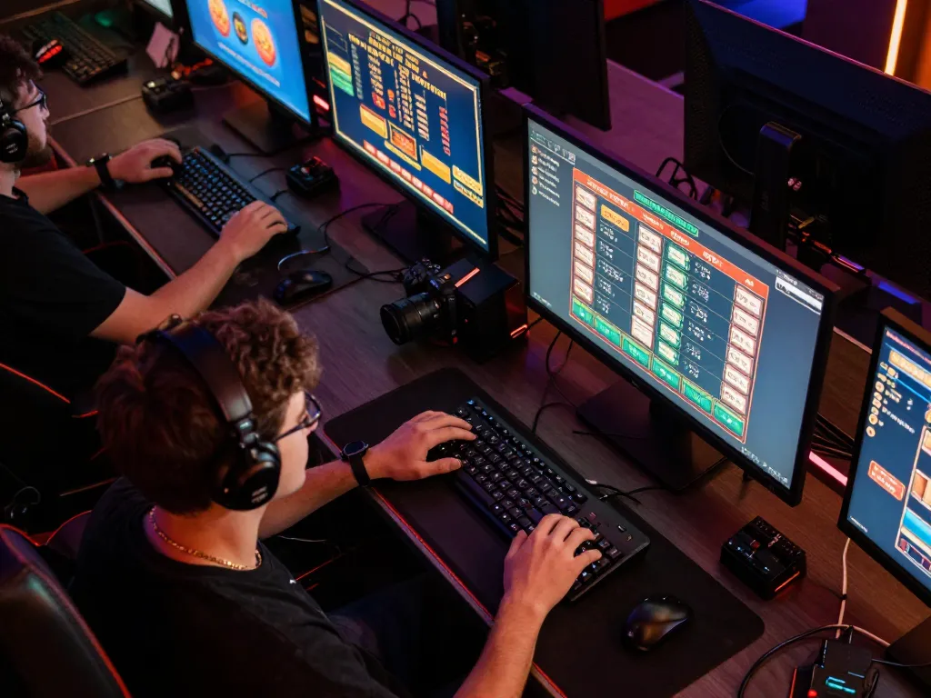 33winn online gaming setup with multiple screens showcasing casino games in a modern workspace