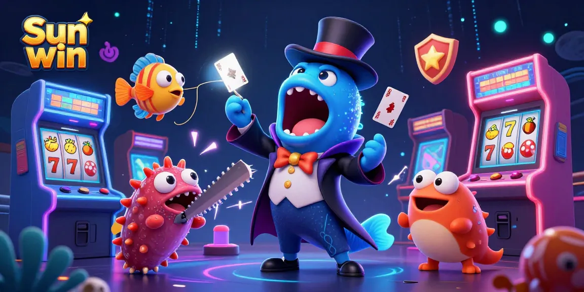 Engage in thrilling slot action with Sun win: an eel magician, anglerfish spotlight, and colorful game icons.