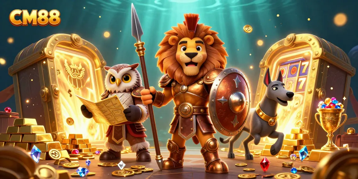 Experience thrilling gameplay at CM88 with a vibrant scene of casino elements, gold treasures, and animated characters.