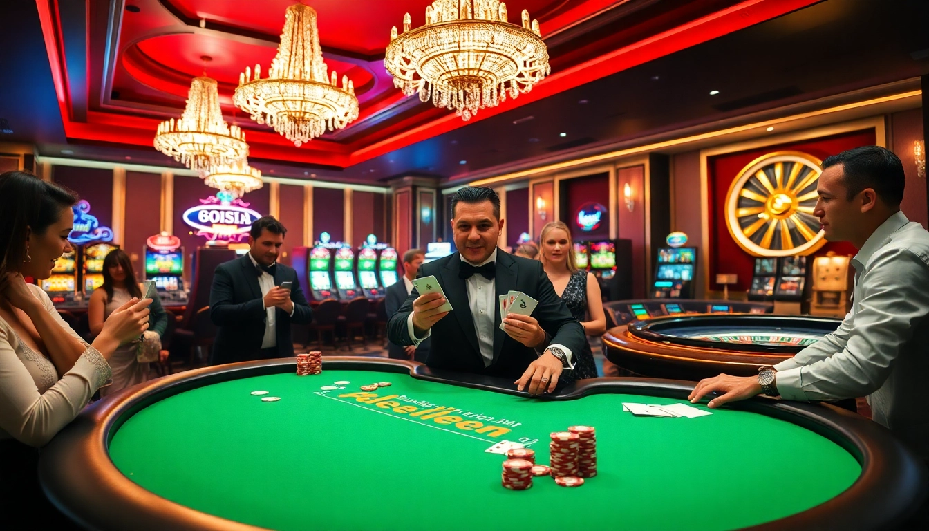 Excited players enjoying a blackjack game at tg88 casino with colorful slot machines.