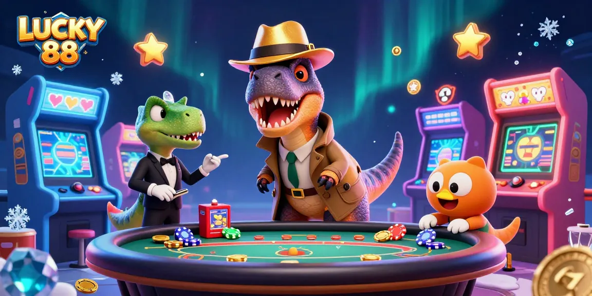 LUCKY 88 velociraptor card counter playing blackjack with a stegosaurus pit boss watching closely.
