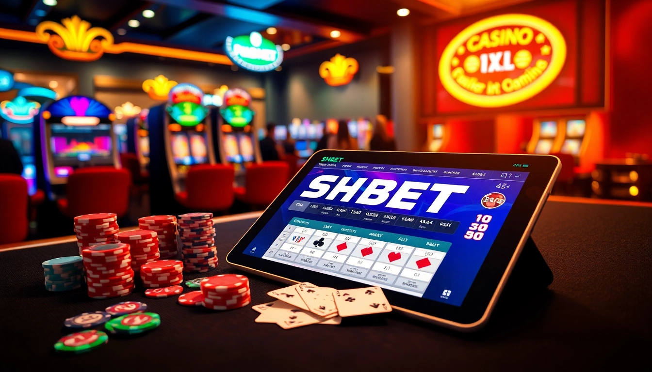 SHBET online gambling interface amidst vibrant poker chips and slot machines, creating an elegant casino atmosphere.