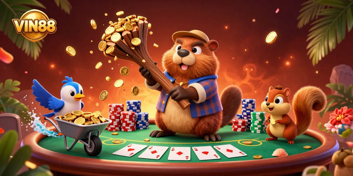 VIN88 captures a dynamic beaver scene, showcasing poker elements and vibrant casino graphics.