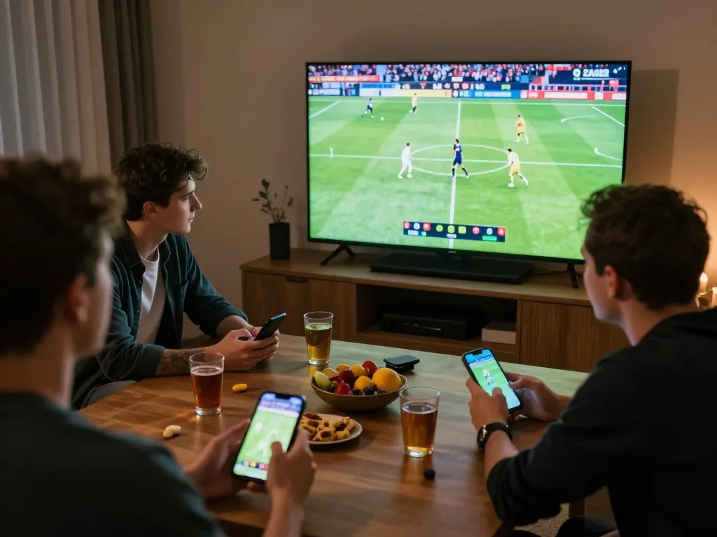 Experience thrilling sports betting with go8 during live Bundesliga matches, showcasing friends engaging in bets.