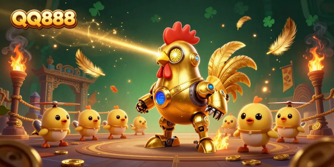 Bet on QQ888 with immersive 3D casino visuals featuring a golden rooster robot and baby chick drones.