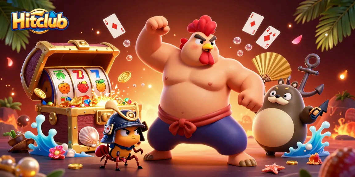 Hitclub features a cartoon sumo wrestler rooster, a fierce cricket, and a tanuki announcer in a vibrant casino scene filled with gold and slot reels.