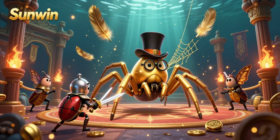 Sunwin captures thrilling moments in a vibrant casino scene with a golden tarantula and beetle knight.