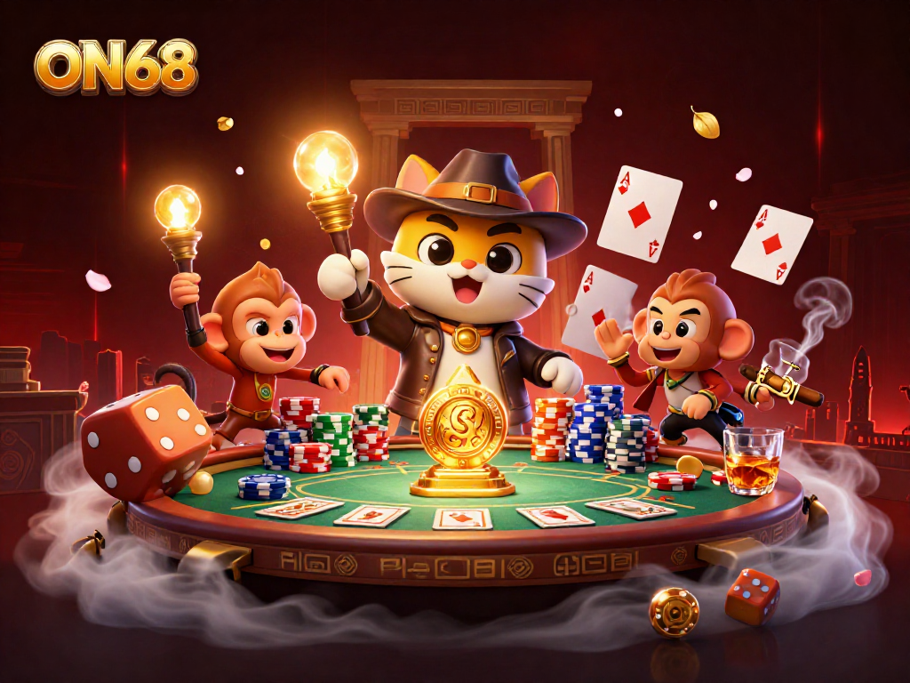 Join the 3D explorer cat's adventure in ON68, uncovering casino treasures in a temple.