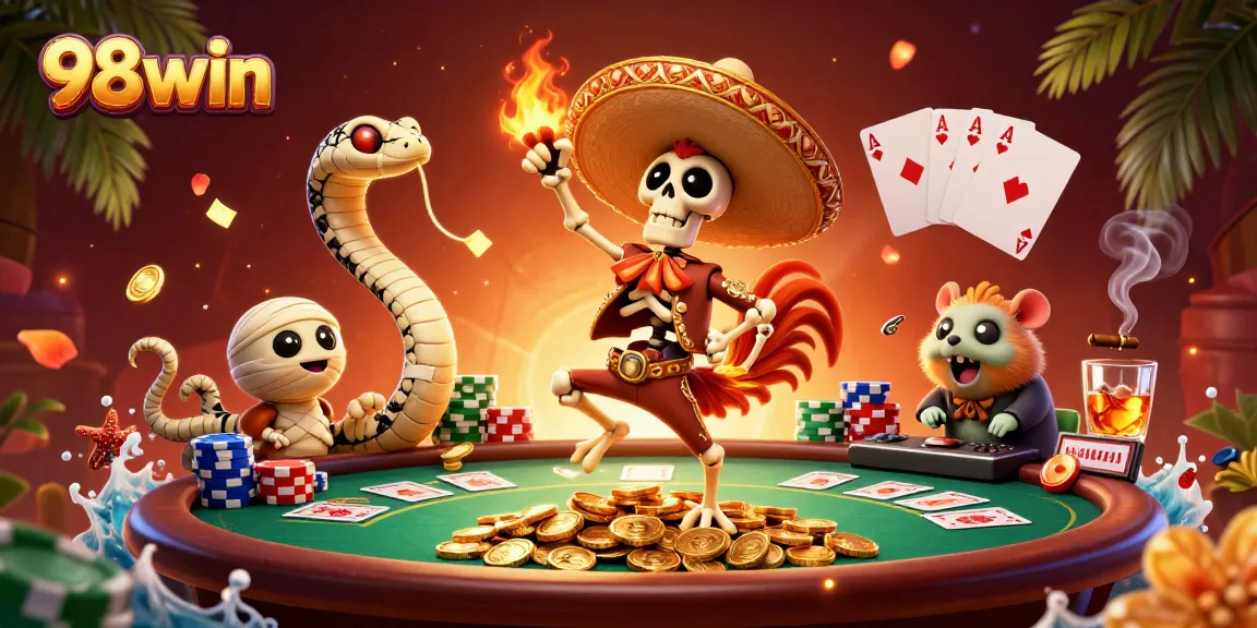 Engage in thrilling games at 98win, featuring a festive victory dance on golden coins with diverse casino elements.