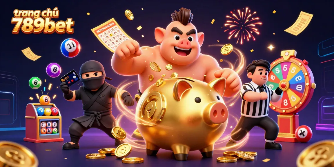 Engage with the vibrant scene at trang chủ 789bet featuring a golden piggy bank sumo wrestler amidst dynamic gaming elements.