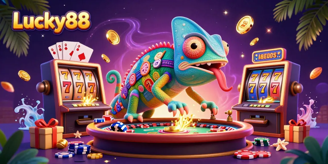 Spin to win with Lucky88 in this vibrant casino scene featuring colorful slots and a chameleon owner.