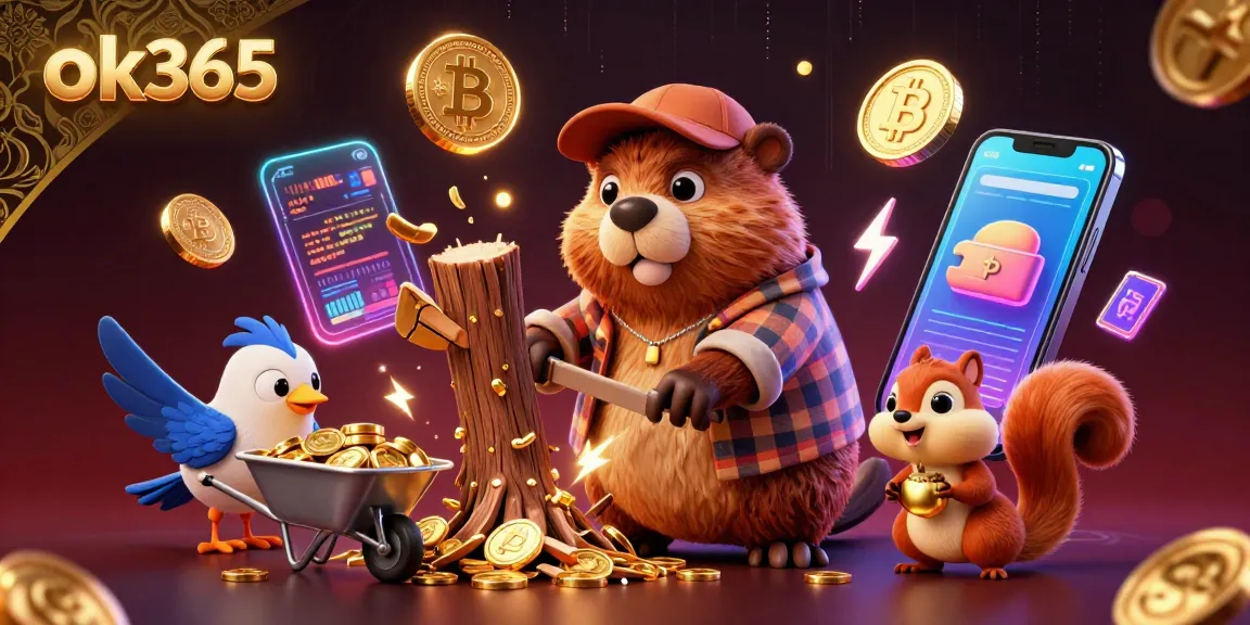Spin the jackpot at ok365 with a vibrant 3D scene of characters collecting coins and cryptocurrency.
