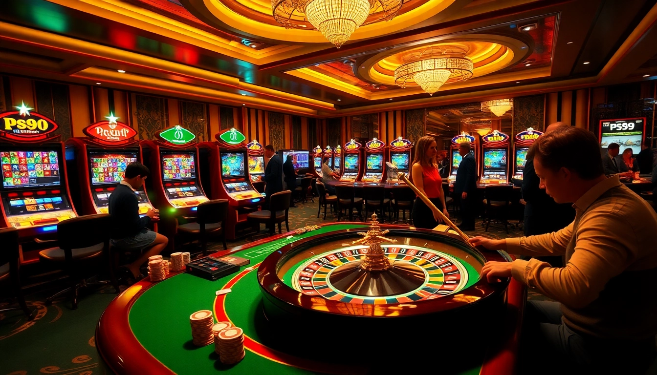 A thrilling scene of players enjoying games at PS99 casino tables with vibrant roulette and slot machines.