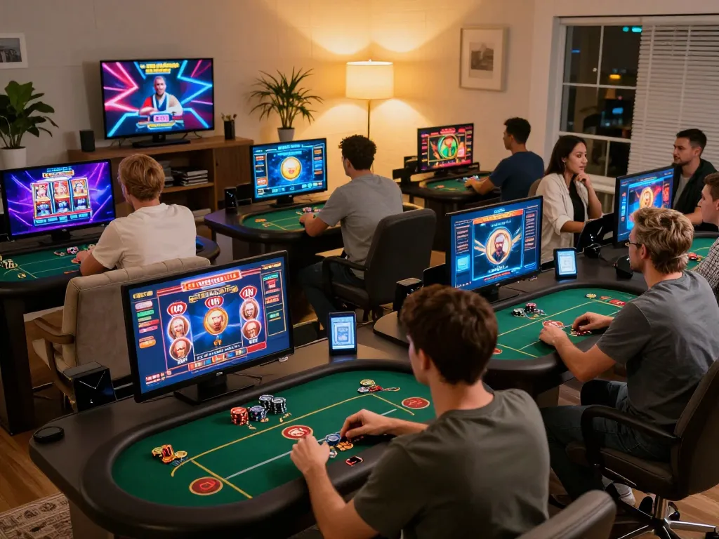 Players engaging in online casino games at home while interacting with kp88s live dealer options.
