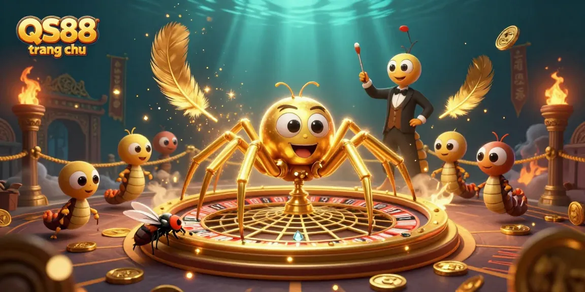 Place bets at QS88 trang chu with a golden spider spinning a roulette web, capturing the casino's excitement.