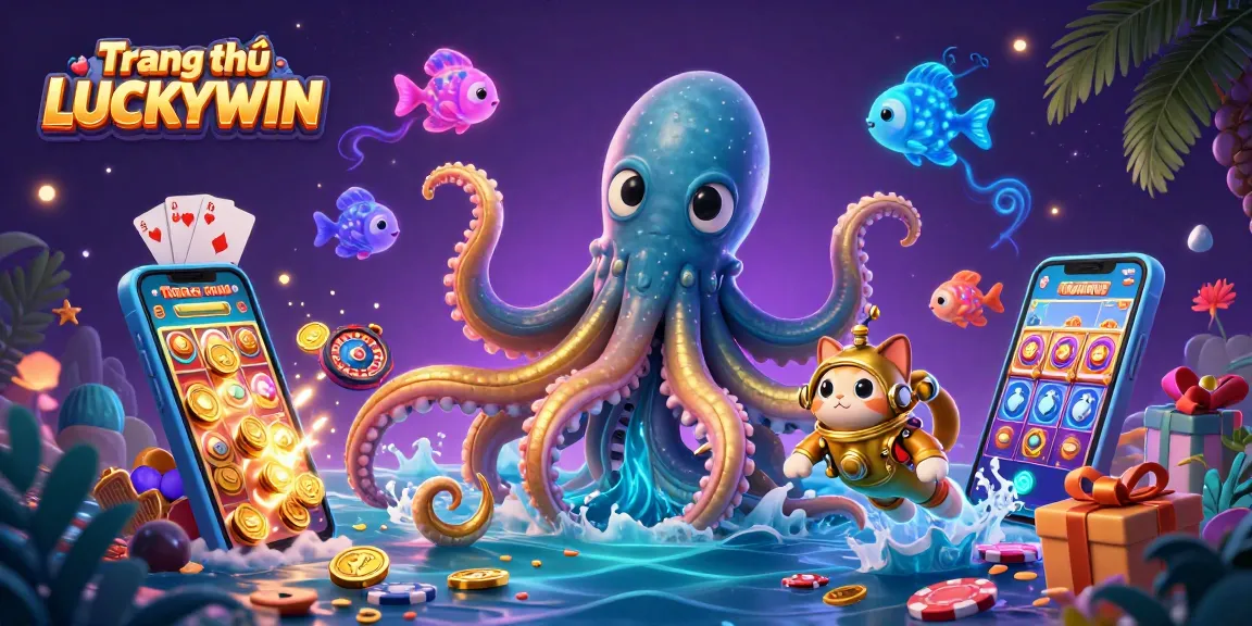 Experience the vibrant world of Trang chủ LUCKYWIN with a colossal kraken and diverse gaming elements.