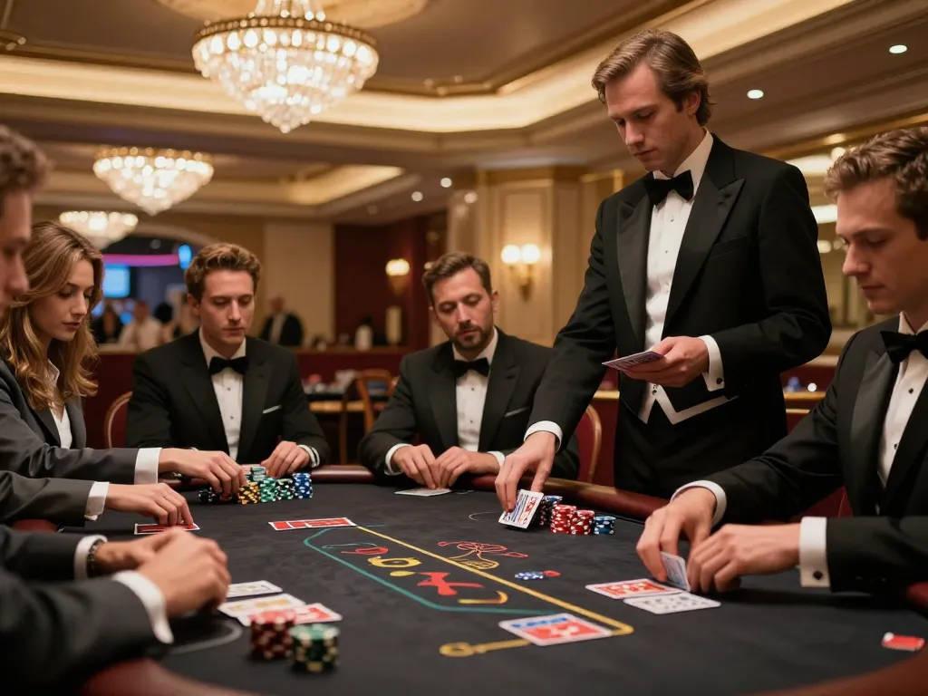 Engaged players at a surewin poker table experience high-stakes action in a luxurious casino.