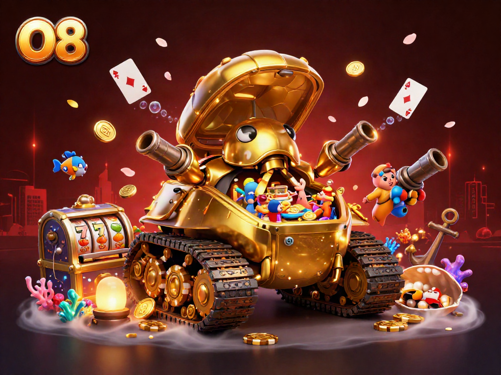 Experience the excitement of winning in O8's vibrant 3D cartoon casino scene filled with slot machines.