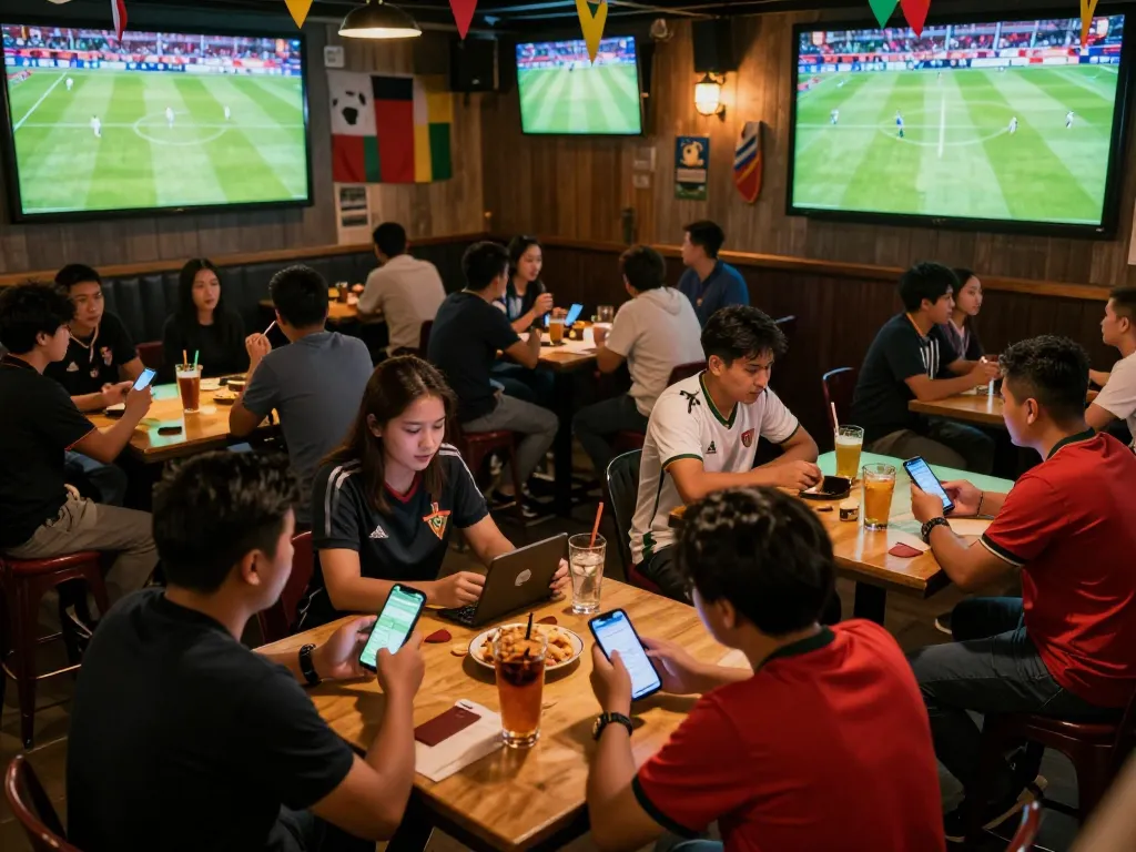 Engaging atmosphere of best soccer betting over at sports bar with fans using betting apps.