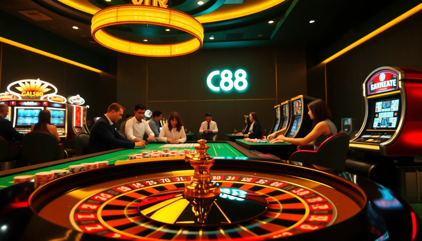 Exciting gambling scene featuring GK 88 with roulette wheel and casino tables.