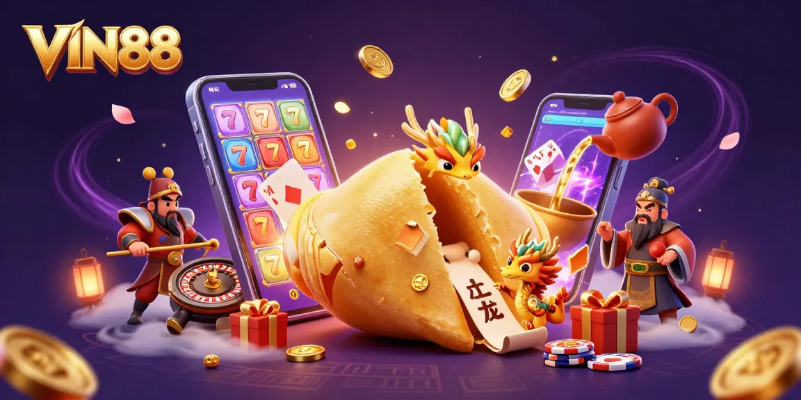 Experience the thrill of VIN88 with vibrant slot games and wise dragon fortune tellers in this enchanting scene.