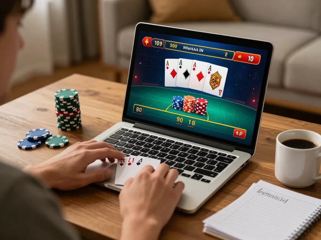 Pemain menikmati permainan blackjack strategis di platform 66menang dari rumah, fokus pada kartu dan opsi taruhan.