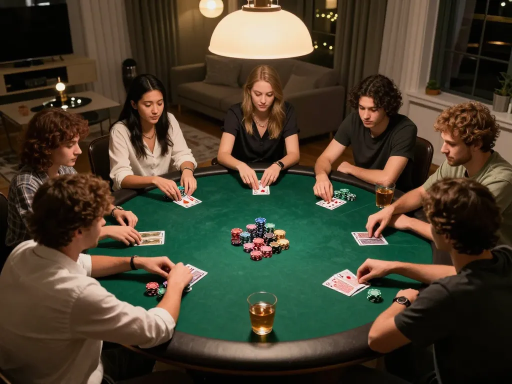 j188 players strategizing in a friendly home poker game, colorful chips and cards visible, warm lighting.