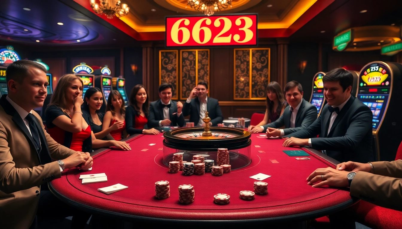 Engaged players enjoying a thrilling poker game at 6623 Casino, showcasing excitement and luxury.
