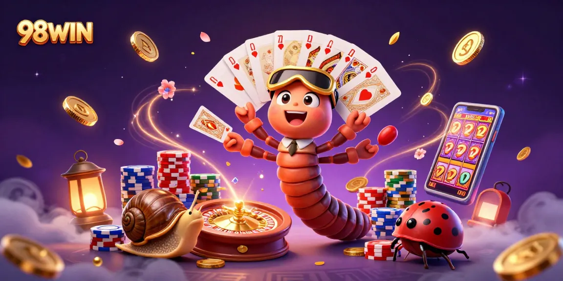 Experience the thrill of 98WIN with a cartoon millipede dealer showcasing exciting casino elements in a vibrant setting.