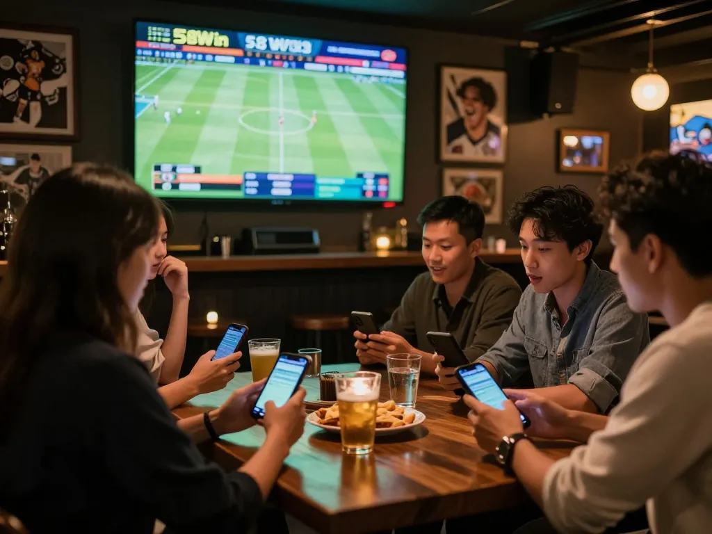 Friends using 58Win for live sports betting while watching a game in a lively bar.