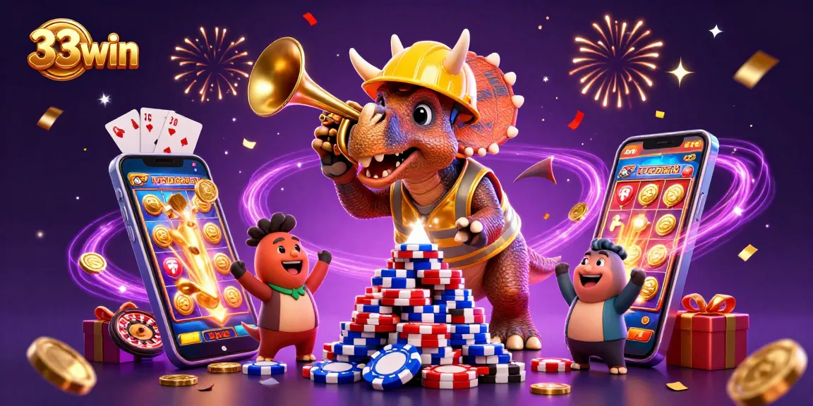 Win big with 33win as a triceratops builds poker chips amidst exciting casino elements.