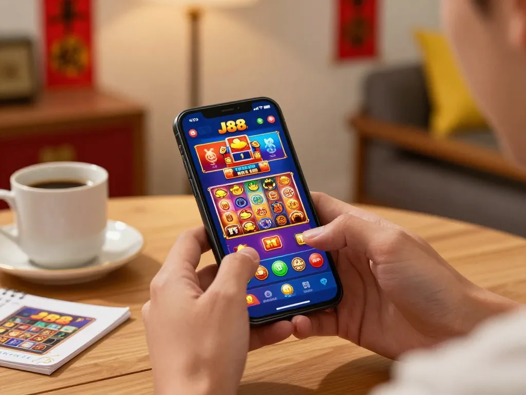 Player enjoying J88 casino app on smartphone with vibrant interface in cozy home setting.