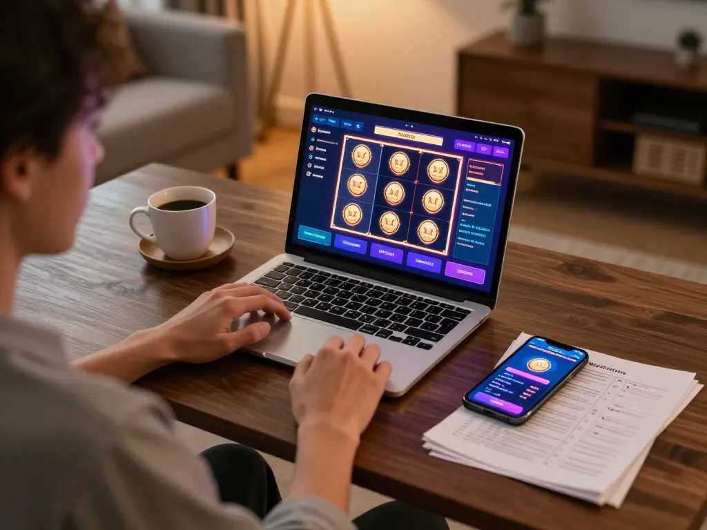 Engaging online gaming experience at torxentertainment with strategy notes and a laptop displaying slots