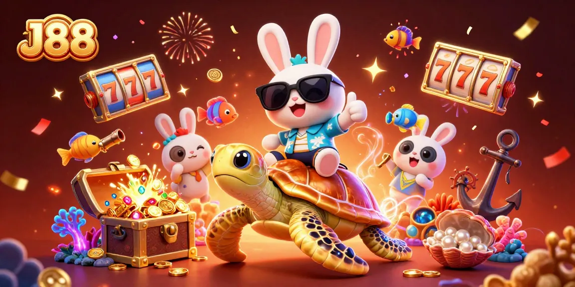 Experience the excitement of J88 as the lucky rabbit and golden turtle celebrate with festive casino elements.