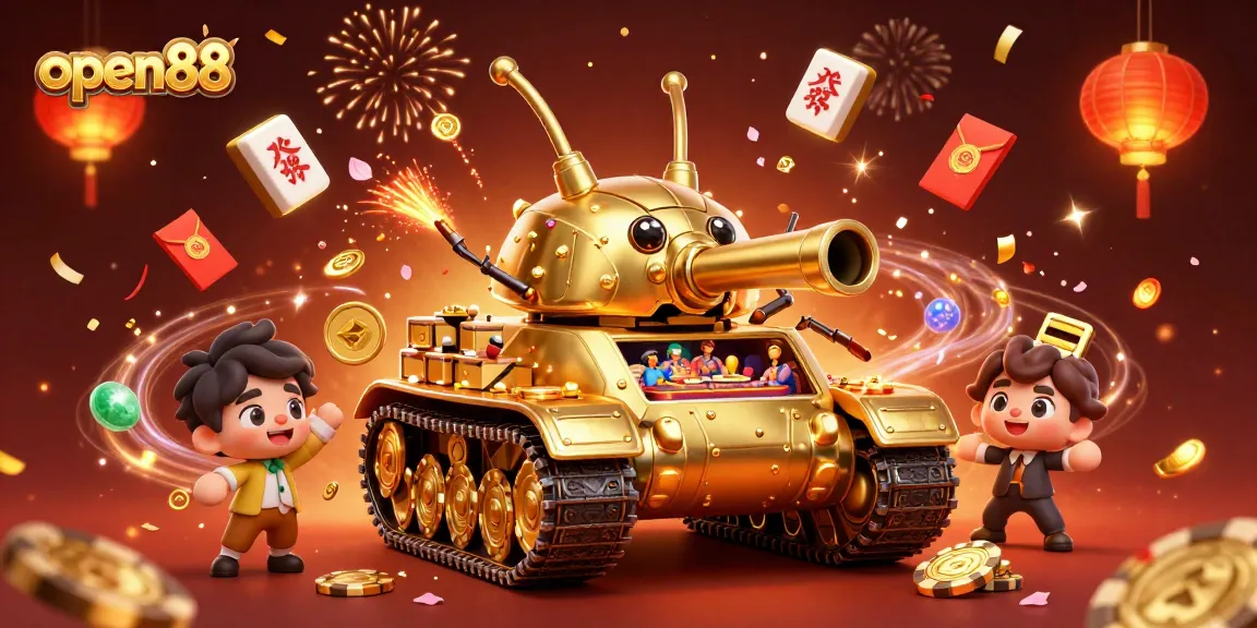 Experience the excitement of open88 with a vibrant digital casino scene filled with confetti and golden elements.