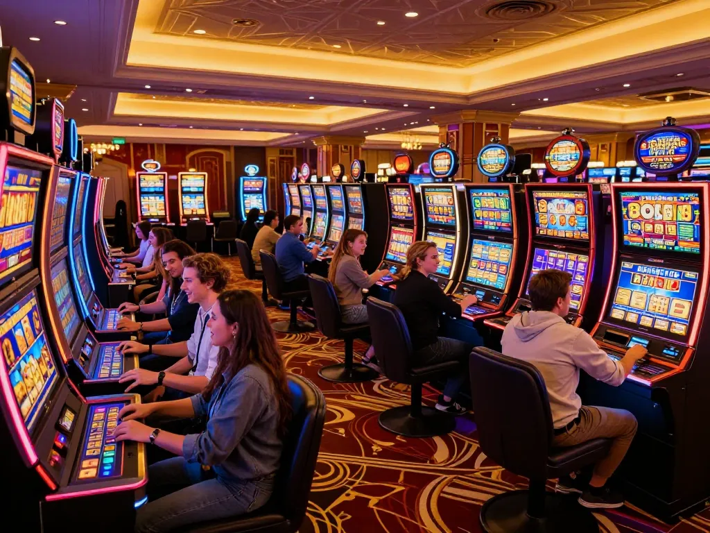 Players enjoying vibrant slot games at TR88s casino, celebrating wins in an exciting atmosphere.