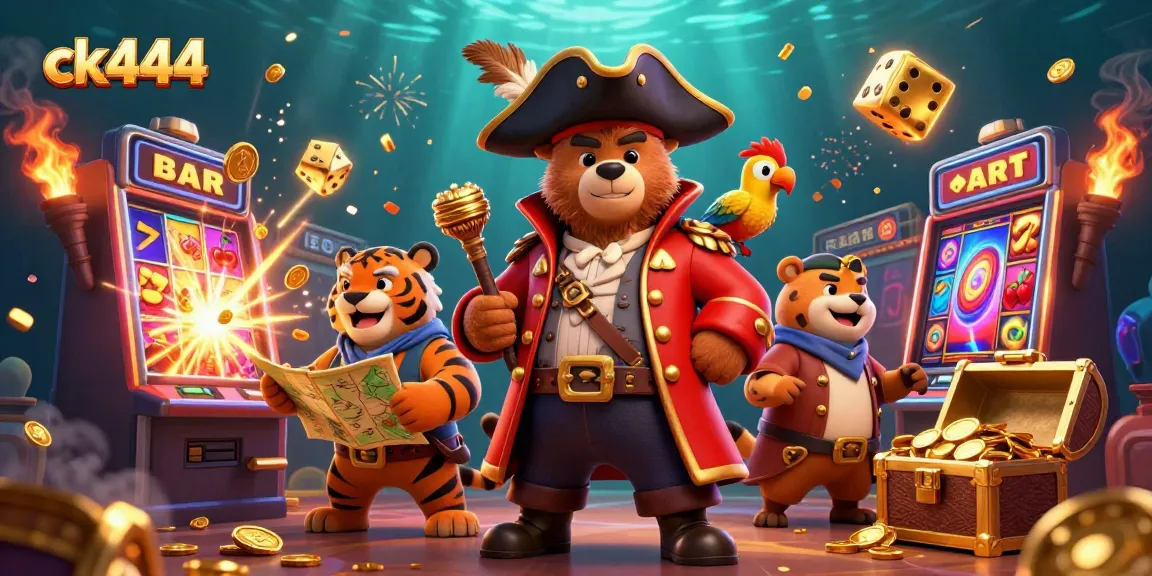 Experience the thrilling action of ck444 with a pirate bear, tiger, and vibrant casino elements exploding in excitement.