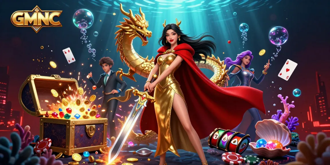 Immerse yourself in GMNC's vibrant gaming realm with a powerful warrior queen and dynamic casino elements.