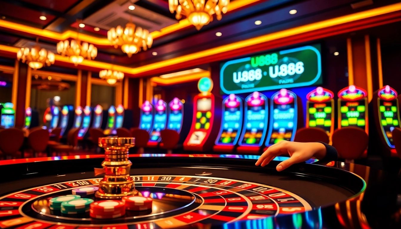 Engaging U888 gameplay scene with bright roulette table and colorful poker chips.