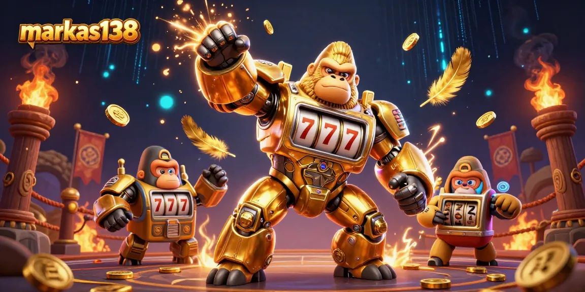 Experience thrilling gameplay with markas138 featuring a dynamic golden gorilla mech amidst explosive winnings.