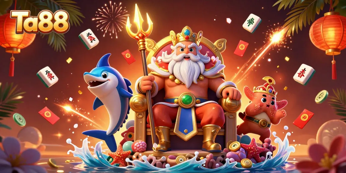 Experience the vibrant world of Ta88 with a dynamic casino-themed scene filled with festive elements.