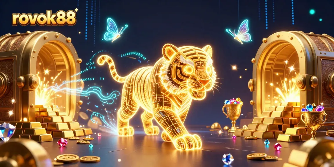 Experience gaming excitement with rokok88's vibrant digital casino landscape featuring dynamic characters and treasures.