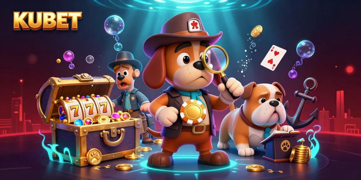 KUBET delivers thrilling gaming experiences with a detective and bulldog exploring treasures in a vibrant casino world.