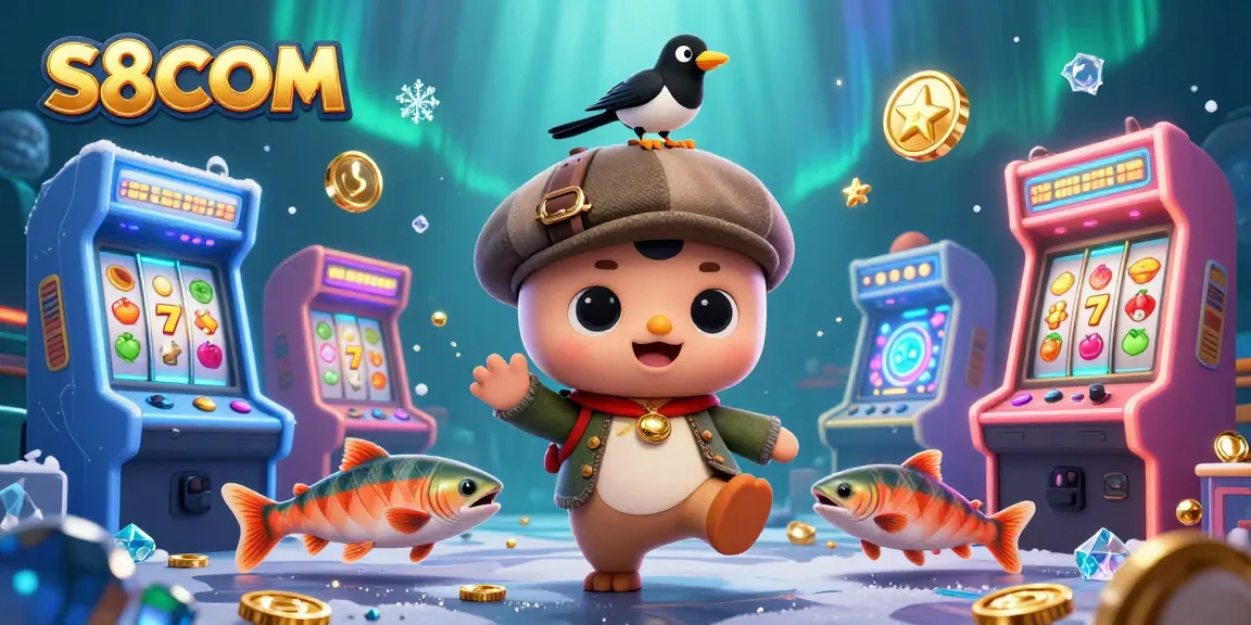 Play games and enjoy S8COM's features with a delightful 3D cartoon illustration showcasing vibrant casino elements.