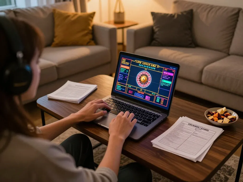 Player strategizing while enjoying sx88 vom online casino experience on a laptop in a cozy home setting.