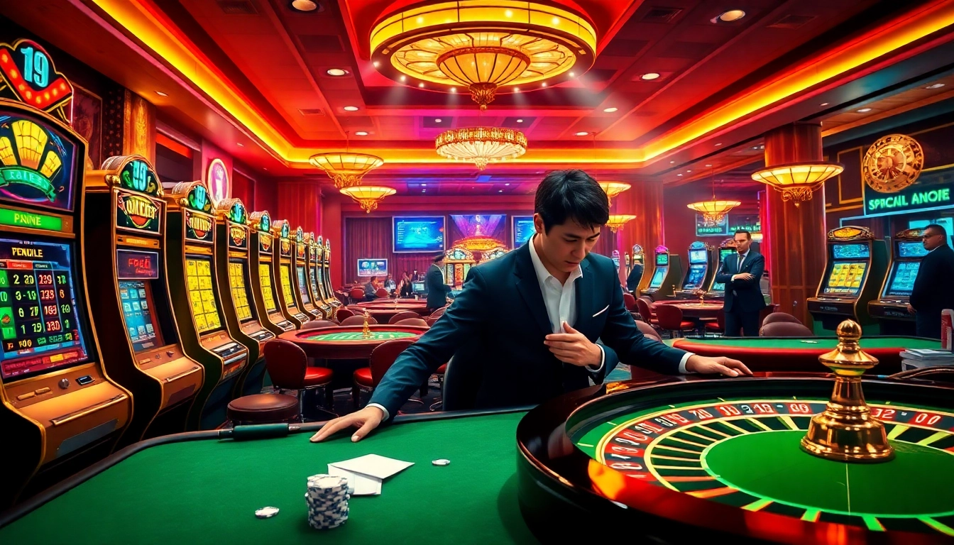 Experience excitement at 789win with vibrant casino tables and slot machines in a lively online gambling atmosphere.