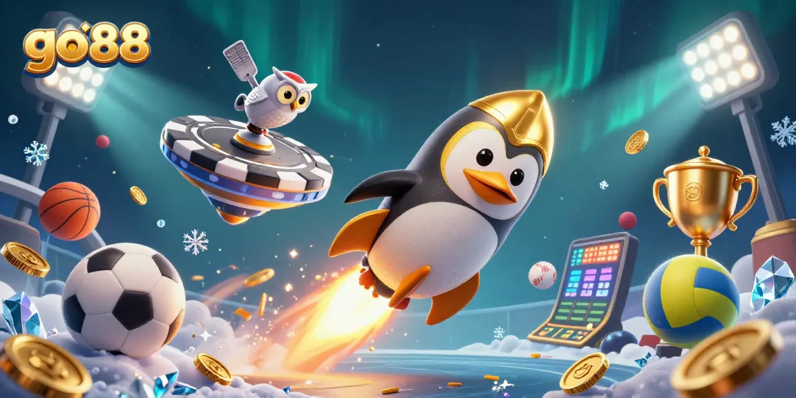 Experience exciting wins at go88 with cartoon penguins flying towards a vibrant casino space station.
