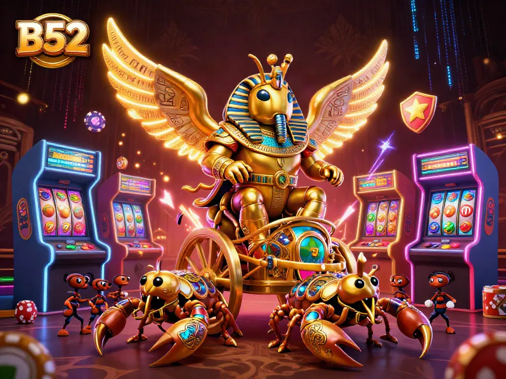 B52-themed scene showcasing a colossal golden scarab beetle and scorpions in a casino setting with vibrant game elements.